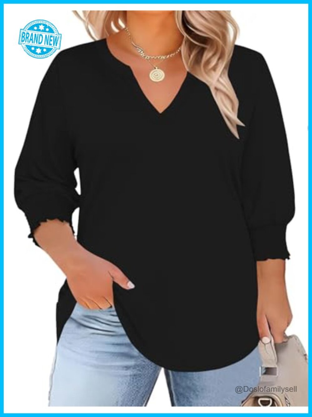 Plus Size 3/4 Sleeve V-Neck Blouse Smocked Cuffs Curved Hem Pullover Top